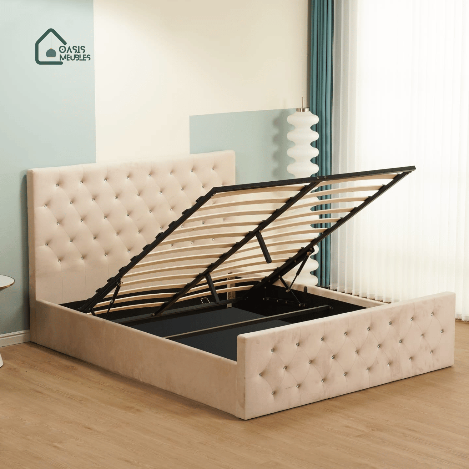 Lit Coffre Victoria Capitonne Avec Diamant Velours Beige