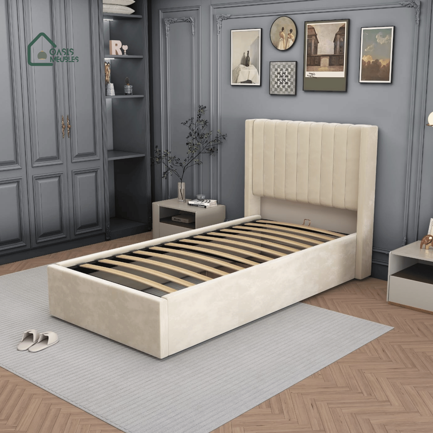 Lit Simple Coffre Camille Velours Beige